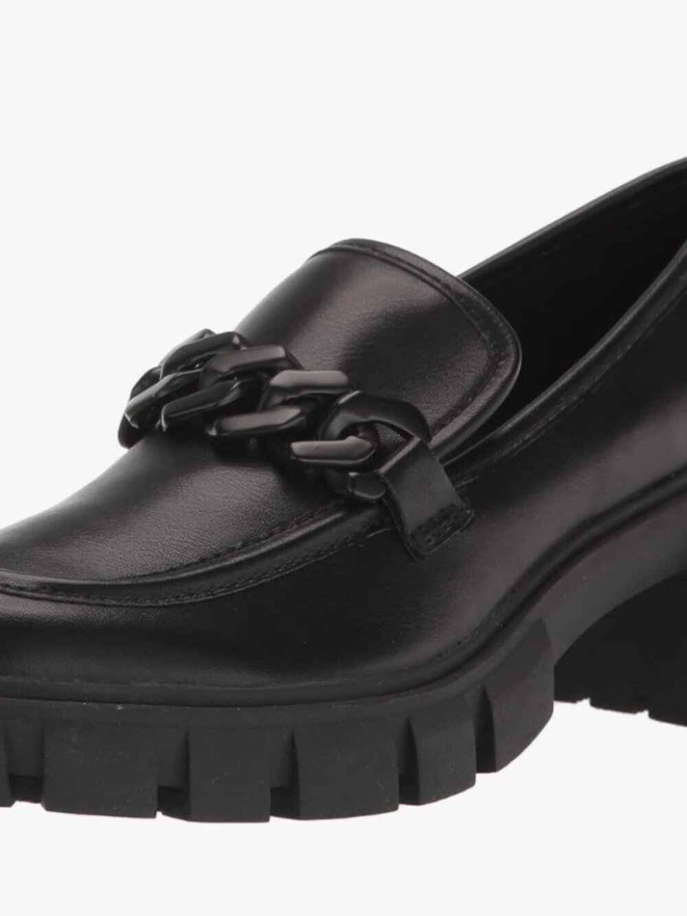 7-Madden Girl Hoxton Black Block Heel Loafers w/ Chunky Lug Sole & Chain Detail